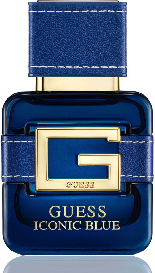 En blå parfyllflaska med guld- och blålogga och rem, märkt Guess Iconic Blue.