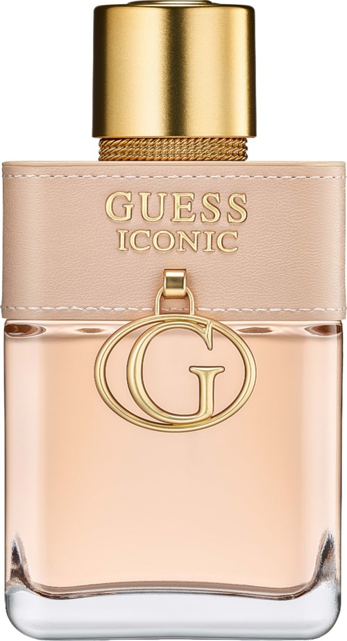 Een roze parfumfles met gouden dop en logo, met de tekst 'GUESS ICONIC'.