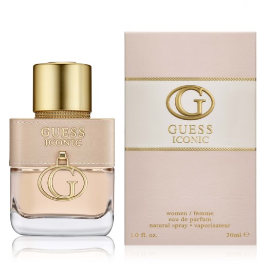 Een fles Guess Iconic parfumspray naast het roze doosje met gouden letters en logo.