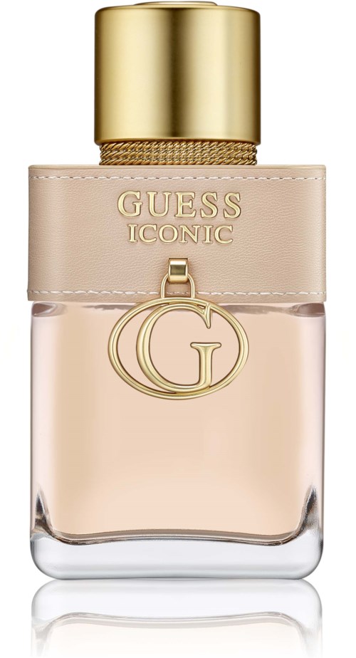 En parfyllflaska med guldkork, ett ljust rosa band och Guess-loggan på framsidan.