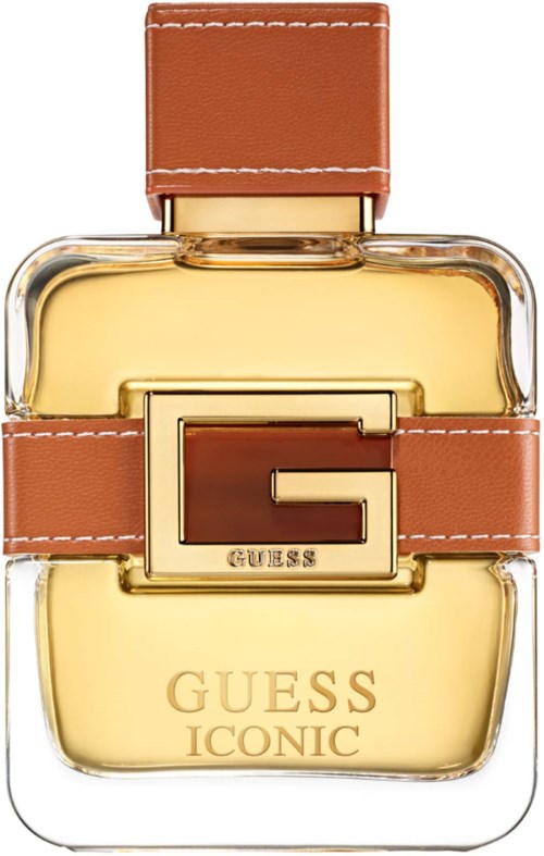 Een parfumfles met een gouden deksel en bruine leren accenten, met label 'GUESS ICONIC.'