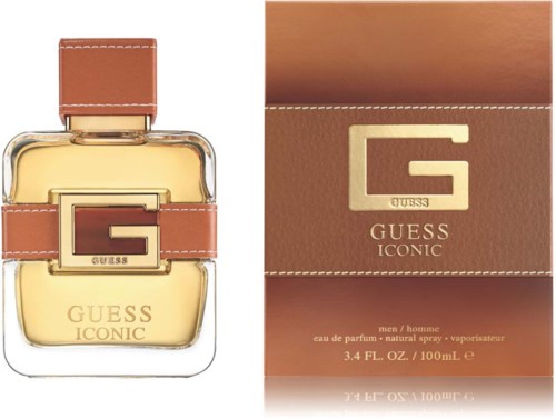 Een parfumfles met goud en bruin ontwerp en een bijpassende doos, gemerkt Guess Iconic, 100 ml, voor mannen.