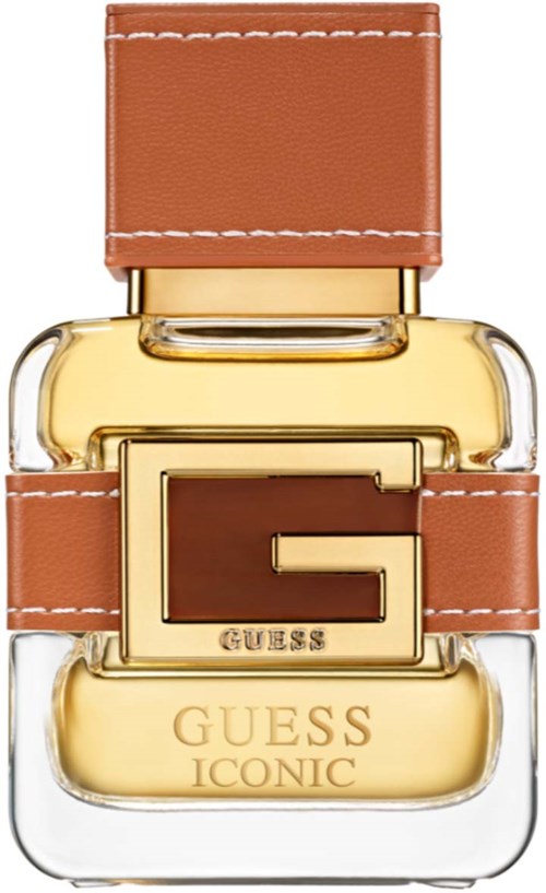 Ein Parfümflasche mit Lederband, Golddetails und dem GUESS-Logo auf der Flasche.