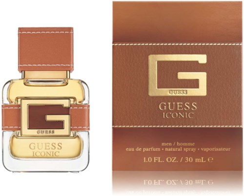 Eine Parfüfflasche und Verpackung von Guess Iconic Männerduft in Gold- und Brauntönen.