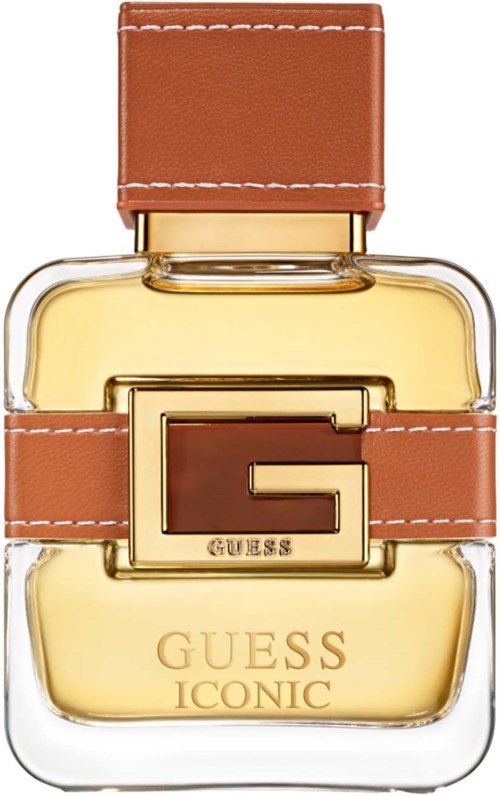 Een Guess-parfumbottle met leren band en goudlogo, met gele parfum.