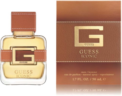 Een GUESS ICONIC parfumfles en doos in bruin en goud.