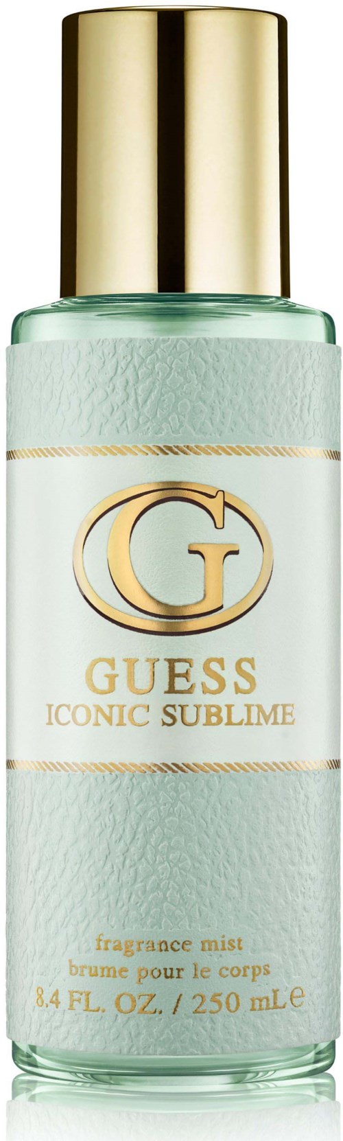 Een fles Guess Iconic Sublime geurspray met gouden deksel en lichtgroene vloeistof.