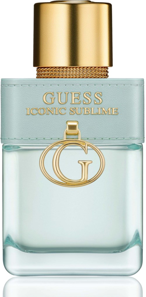 Dit is een parfumfles met een gouden dop, lichtblauwe label en een gouden logo met een G.