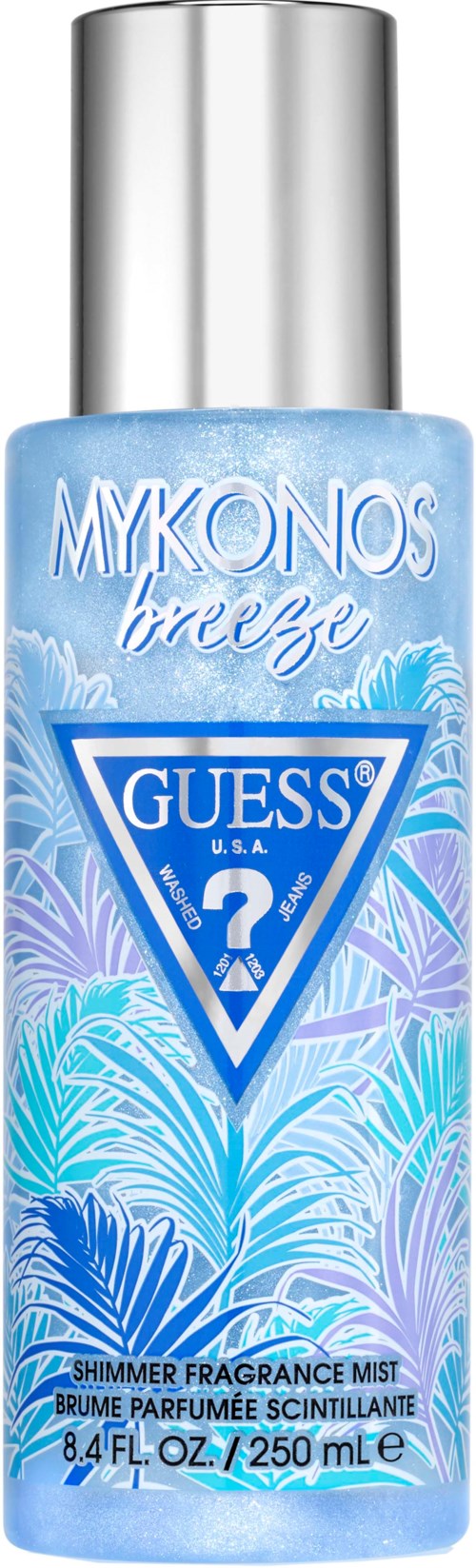 Een blauwe sprayfles met 'Mykonos Breeze' van Guess. Het heeft een zilveren dop en tropisch bladontwerp.