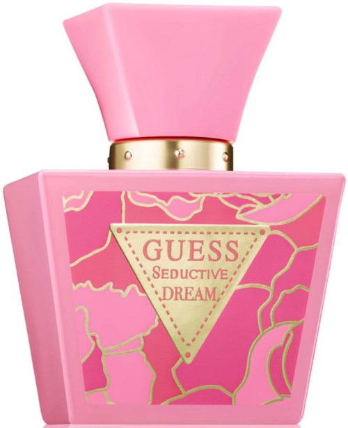 Een roze parfumfles met gouden details en de naam 'Guess Seductive Dream'.