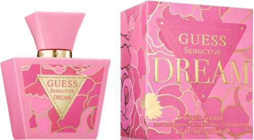 Rosafärgad parfymflaska och ask med guldmönster och text för Guess Seductive Dream doft.