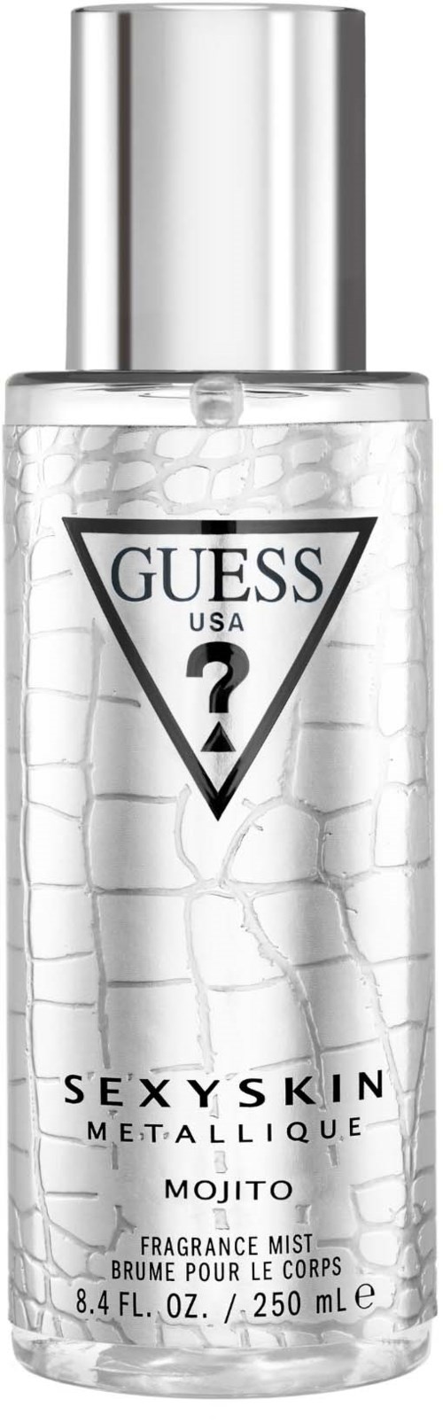 Een heldere fles Guess Sexy Skin parfum met zilverkleurige dop, genaamd Mojito, bevat 250 ml.