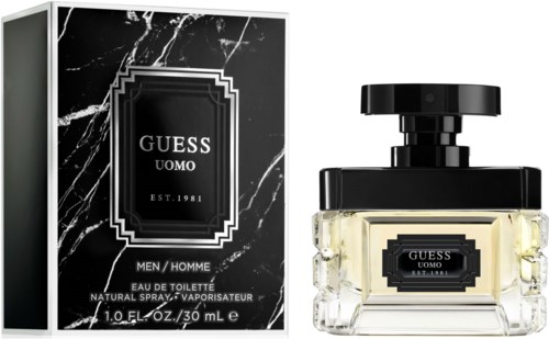 Een parfumfles en doos met GUESS Uomo, ontworpen in zwart, wit en doorzichtig, stijlvol en elegant.