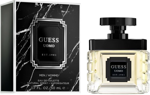 Een Guess herenparfumset bevat een zwarte en doorzichtige fles met een vierkante label en een zwarte doos met witte details.
