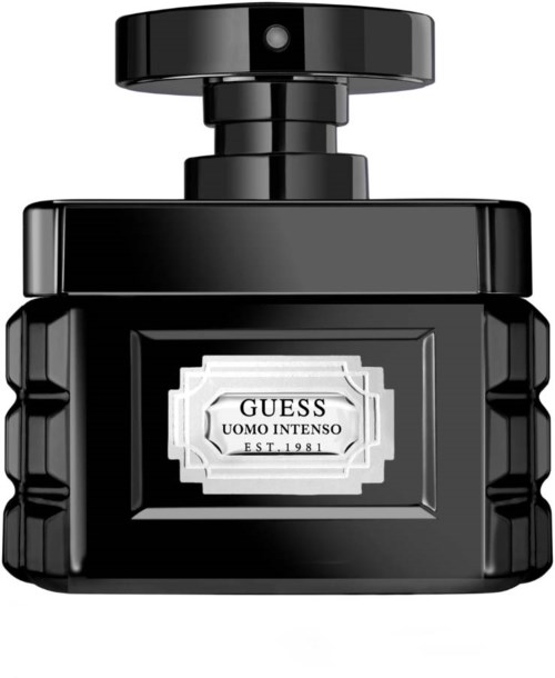Een zwart parfumfles met een label dat leest 'GUESS UOMO INTESO EST. 1981', rechthoekige vorm, met ronde dop.