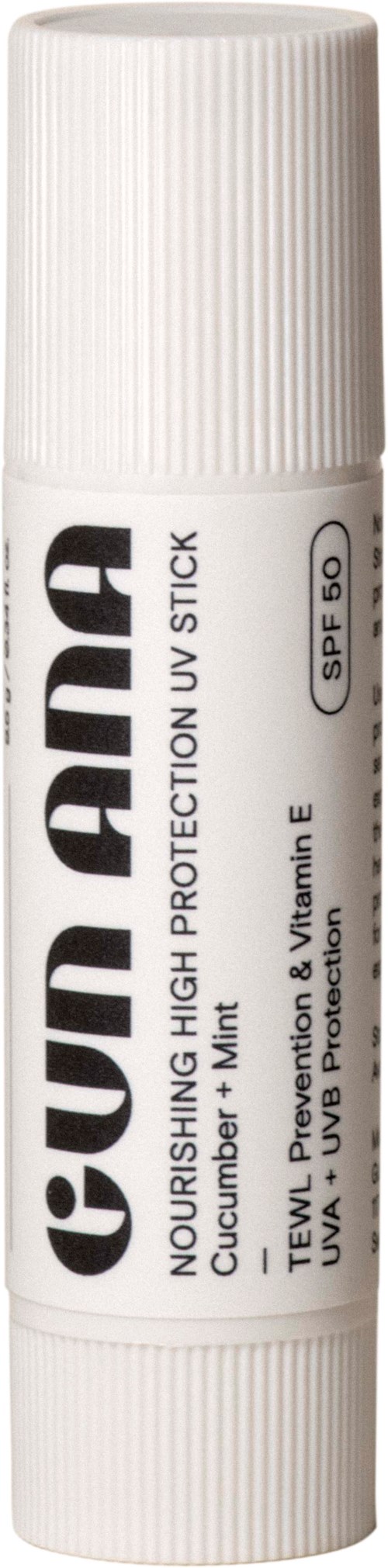 Een witte lipbalsemstick met zwarte en grijze tekst, gemarkeerd als voedend, bevat vitamine E, komkommer en munt, met SPF 30.