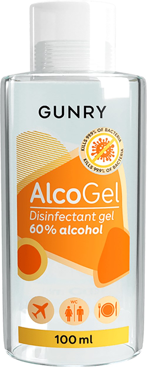 Eine klare Flasche mit Desinfektionsgel, orange-weißer Aufkleber, zeigt 60% Alkohol, von Gunry.