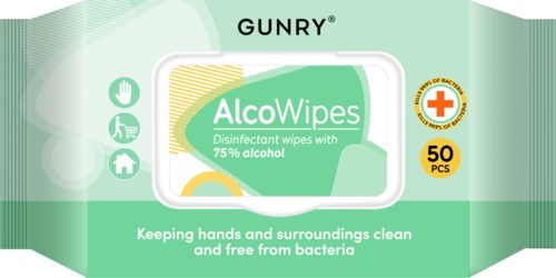 Eine Packung mit 50 alkoholischen Desinfektionstüchern zum Reinigen von Händen und Oberflächen, mit Marke GUNRY und AlcoWipes.