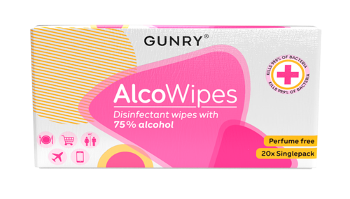 Rosa-weiße Packung mit Desinfektionstüchern, 75% Alkohol, ohne Duft, 20 Einzeltaschen.