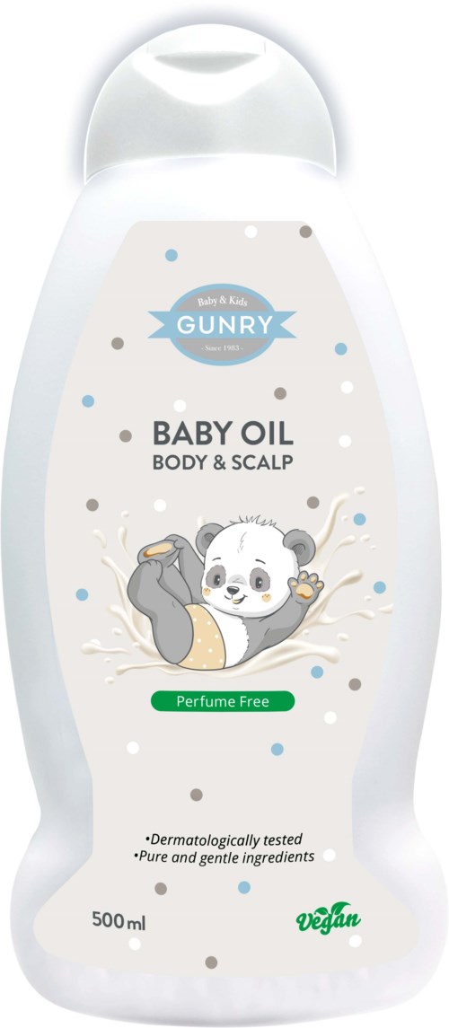Baby oil bottle with a cartoon panda, labeled as perfume free and vegan, designed for body and scalp.