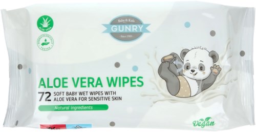 Packung mit 72 Aloe Vera Tücher für Babys und Kinder, mit Panda-Illustration, zeigt natürliche Inhaltsstoffe und vegan.