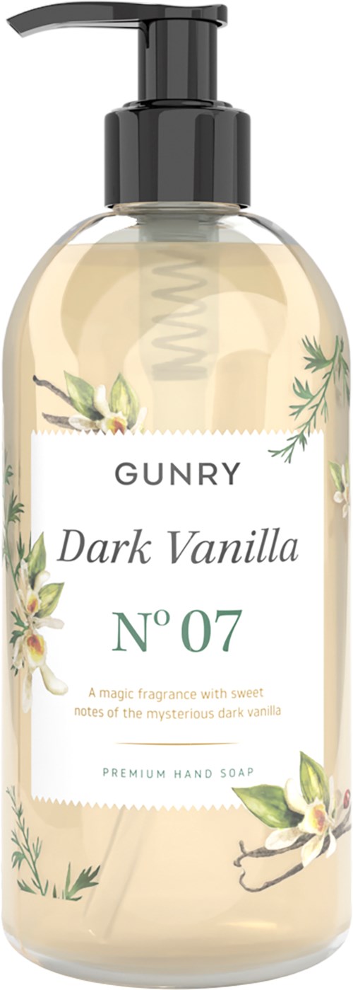 Een doorzichtige handzeepfles met pomp, gelabeld 'Dark Vanilla' en bloemenontwerp, ruikt zoet en vanilleachtig.