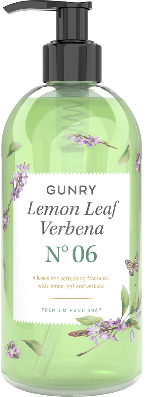 Vihreä käsisaippuapullo pumpulla, etiketti 'Lemon Leaf Verbena,' jossa violetteja kukkia ja perhonen kuvia.