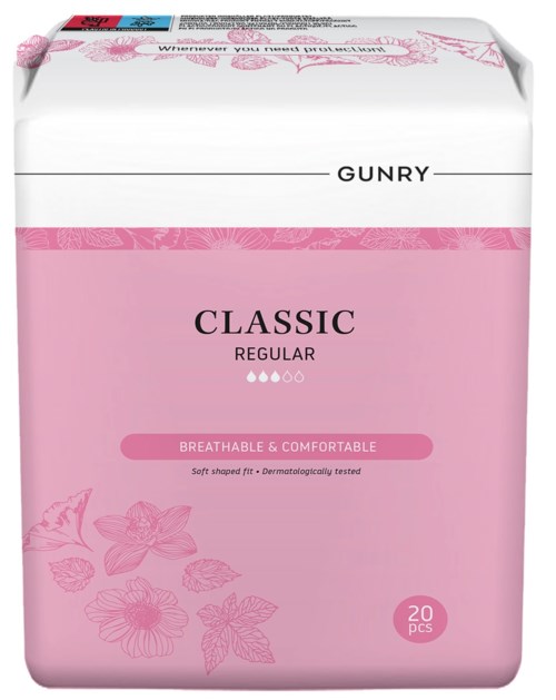Roze verpakking met bloemen, gemerkt 'GUNRY' en 'CLASSIC REGULAR,' bevat 20 ademende, comfortabele maandverbanden.