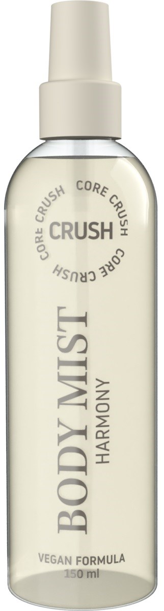 Een heldere spuitfles met de tekst 'Body Mist' en de woorden 'Harmony' en 'Vegan Formula.'