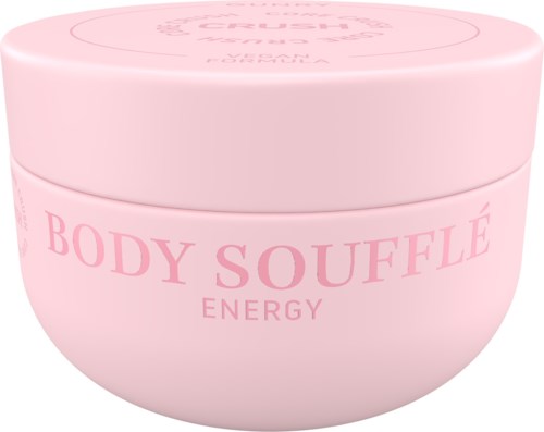 Pink round container with 'BODY SOUFFLÉ ENERGY' written on it, likely a body cream or lotion.