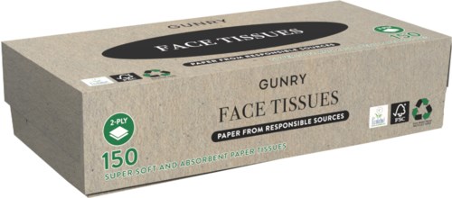 Een doos met 150 zachte, absorberende papieren zakdoekjes, milieuvriendelijk, uit verantwoordelijke bronnen, met groene en zwarte labels.