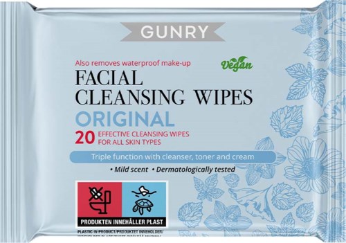 Verpakking met gezichtsreinigingsdoekjes met bloemenontwerp, vegan, milde geur, 20 doekjes, driefoudige functie, dermatologisch getest.