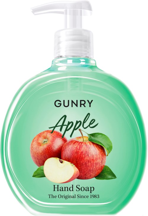 A green pump bottle of apple hand soap with apples and leaves on the label.