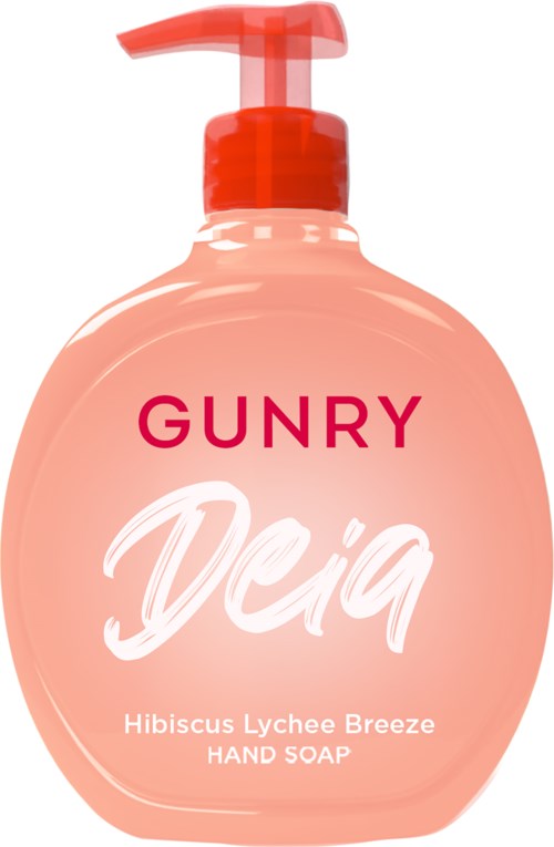 Hand soap bottle with pink color, labeled GUNRY Deia Hibiscus Lychee Breeze.
