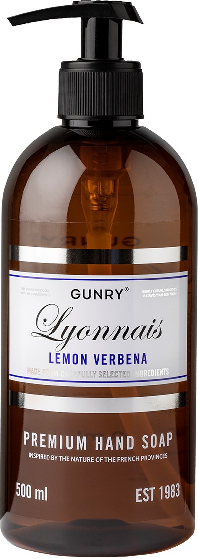 A brown bottle with a pump, labeled as lemon verbena hand soap, 500 ml, natural French Provence fragrance.