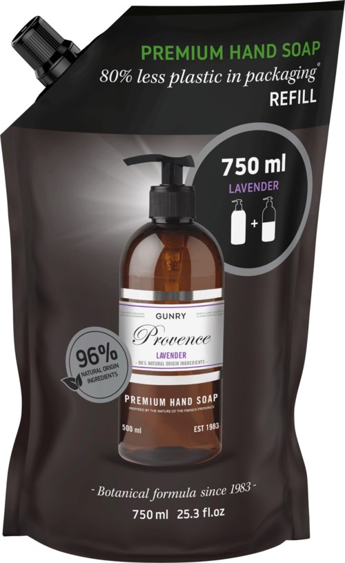 Navulverpakking van Provence lavendel handzeep, 750 ml, met pompicoon, zegt 'Premium handzeep' en '80% minder plastic'.