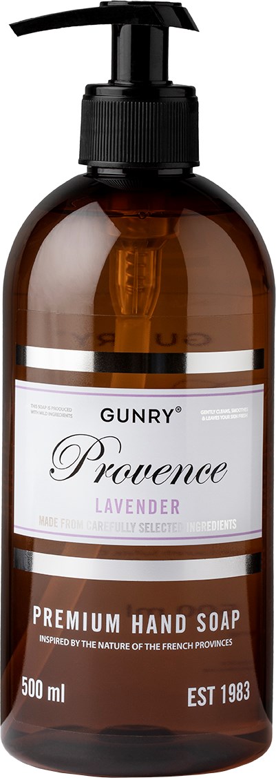 Een bruine fles met pump, gelabeld 'GUNRY Provence Lavander, Premium Hand Soap, 500 ml, EST 1983.'