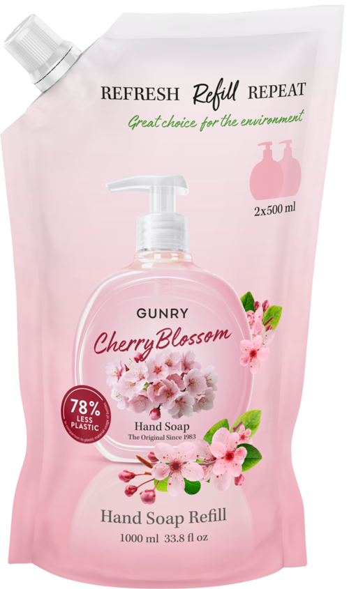 Refill pouch for cherry blossom scented hand soap, contains 1000ml, with a pump dispenser, and emphasizes environmental friendliness.