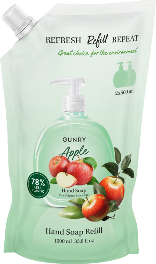 Refill pouch for apple-scented hand soap, with images of apples and a pump bottle, emphasizing environmental friendliness.