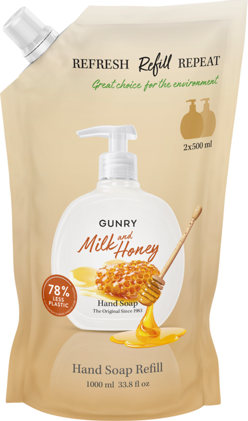 A refill pouch of hand soap labeled "Gunry Milk and Honey," with an illustration of honey, and a pump bottle image.