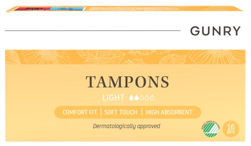 Eine Schachtel leichte Tampons mit Komfortpassform, weichem Griff und hoher Aufsaugfähigkeit, dermatologisch geprüft.