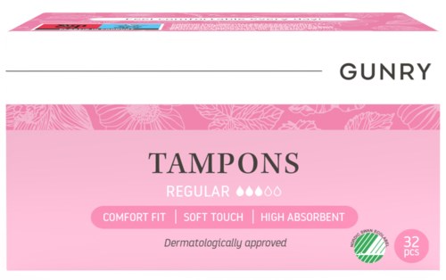 Rosa Verpackung für Tampons mit Komfortpassform, soft Touch, hohe Saugfähigkeit. Enthält 32 Stück.