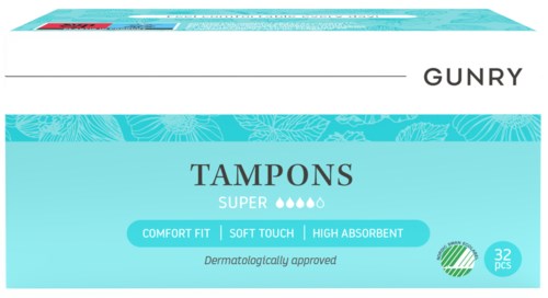 Hellblaue Tamponpackung mit Soft Touch, hohe Saugfähigkeit, 32 Stück, dermatologisch geprüft. Marke GUNRY.