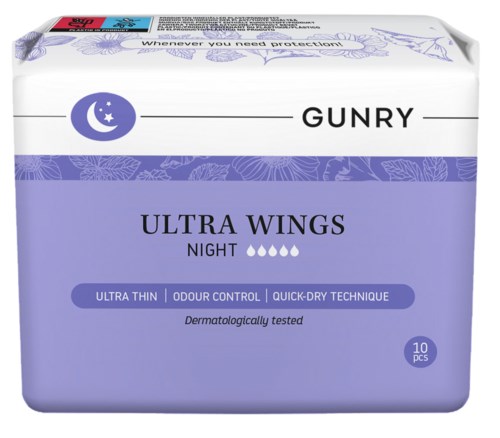 Eine Packung GUNRY Ultra Wings Night Binden, leicht, Geruchskontrolle, Schnell-Trocken-Technik, dermatologisch getestet.