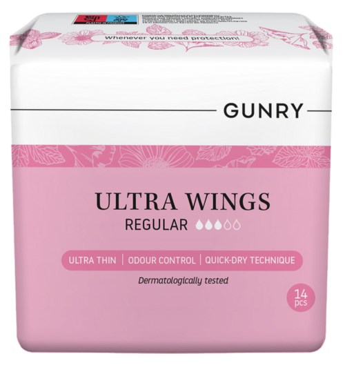 Pink und weiße Verpackung mit Menstruationsbinden, Marke 'GUNRY', 14 Stück.
