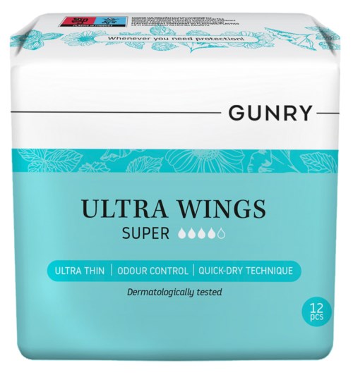 Eine Packung GUNRY Ultra Wings Super Binden, 12 Stück, in Blau und Weiß, mit Geruchskontrolle und Schnell-Trocken-Technik.
