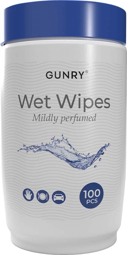 Container of Gunry Wet Wipes with blue lid, smiling water splash, 100 pieces, mildly perfumed.