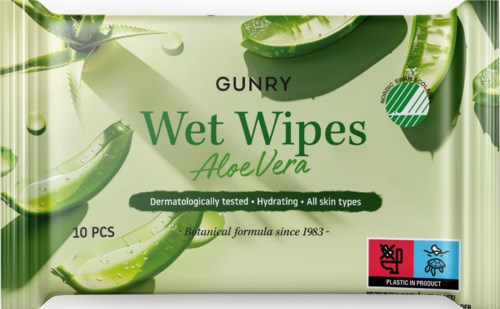 A packet of 10 aloe vera wet wipes, green aloe leaves design, and mentions skin testing, hydration, and all skin types.