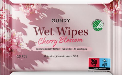 En pakke med Cherry Blossom duft våtservietter, dermatologisk testet, 10 stk, for alle hudtyper, med miljøvennlig merknad.