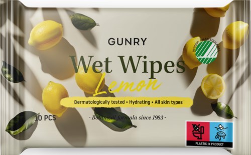 En pakke med 10 sitronduftende våtservietter, dermatologisk testet, egnet for alle hudtyper. Har sitroner og blader på pakken.